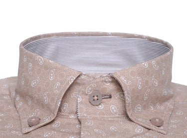 Long-sleeve Button Down Collar shirt | Beige Print Cotton