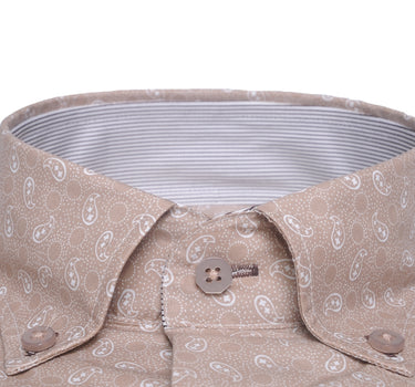 Long-sleeve Button Down Collar shirt | Beige Print Cotton