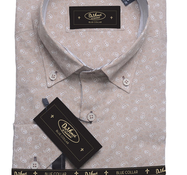 Long-sleeve Button Down Collar shirt | Beige Print Cotton