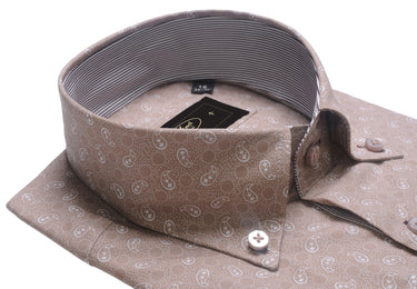 Long-sleeve Button Down Collar shirt | Beige Print Cotton