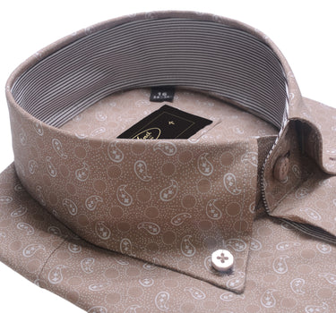 Long-sleeve Button Down Collar shirt | Beige Print Cotton