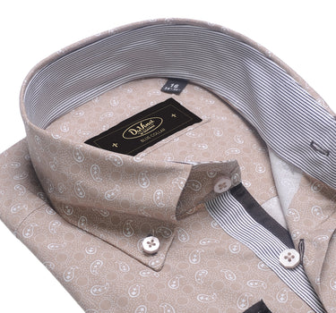 Long-sleeve Button Down Collar shirt | Beige Print Cotton